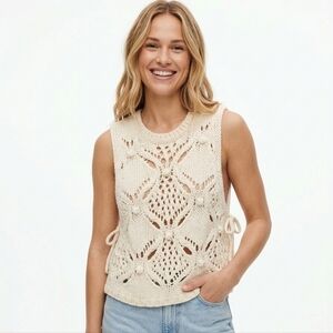 Zara Cut Out Tie Side Open crochet Knit boho Vest beige off white small